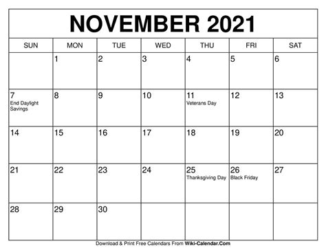 November 21 Calendar Printable